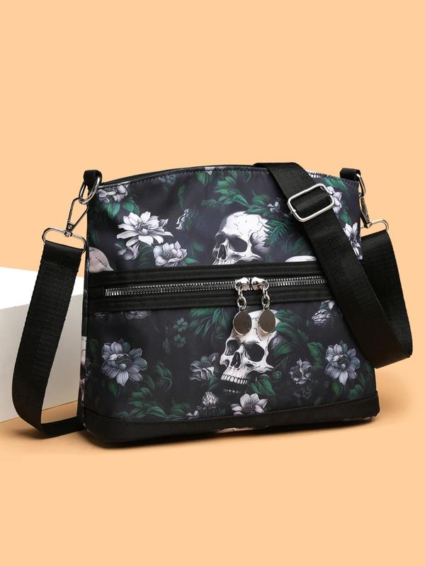 Fashionable Skull & Floral Pattern Zipper Crossbody Bag, Designer Crossbody Bags, Casual Versatile Shoulder Bag for Women, All-match Commuter Bag for Daily Used, Girl Fashionable Shopping Bag