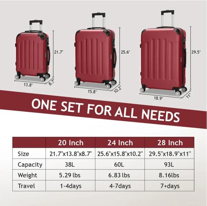 Zimtown Hardside Lightweight Spinner  3 Piece Luggage Set with TSA Lock - Suitcases, Carry-on luggage, Carry-on Suitcases, Suitcase luggage set, Carry On