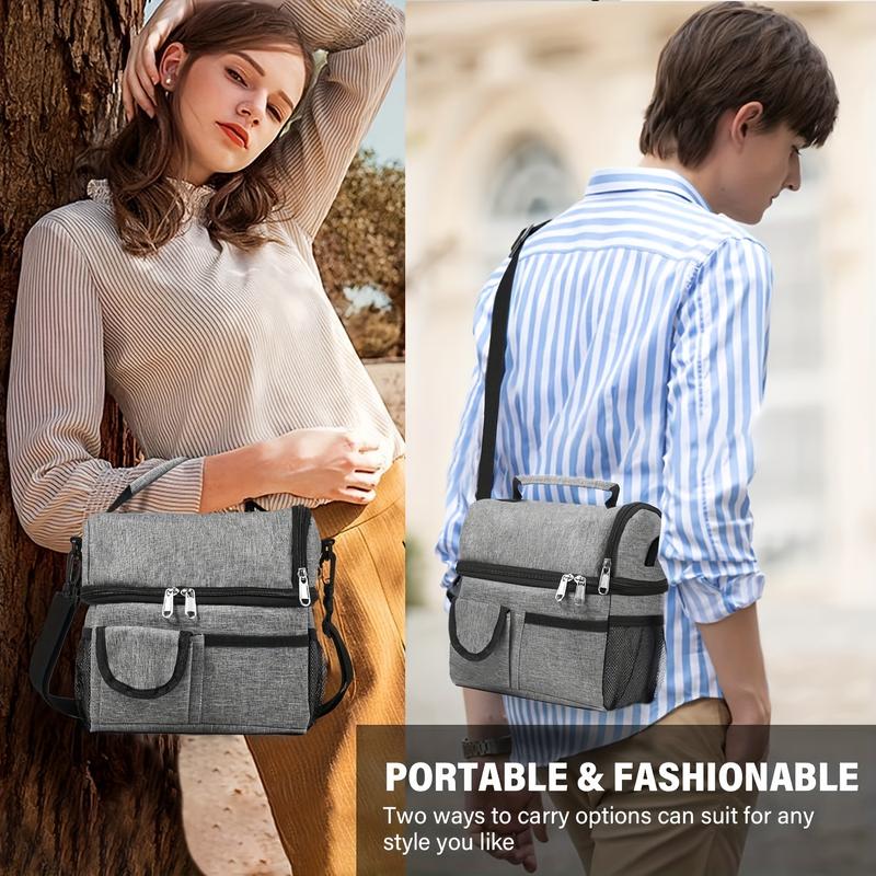 1pc Insulated Lunch Bag - Large Grey Tote With 2 Compartments, Shoulder Strap, And Leakproof Design - Reusable Thermal Lunch Box For Men, Women, And Adults - Ideal For Office Work  And Picnic