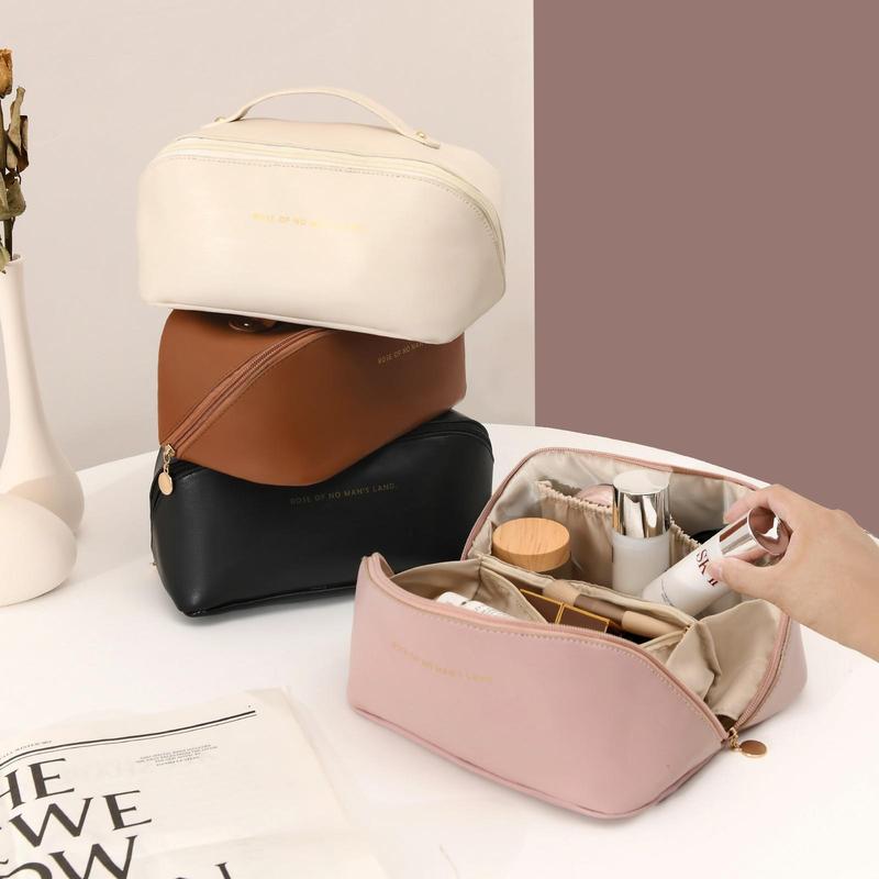 Travel Solid Color Letter Detail Makeup Travel Bag, Portable Cosmetic Organizer, Simple All-match Bag for Daily Life & Travel