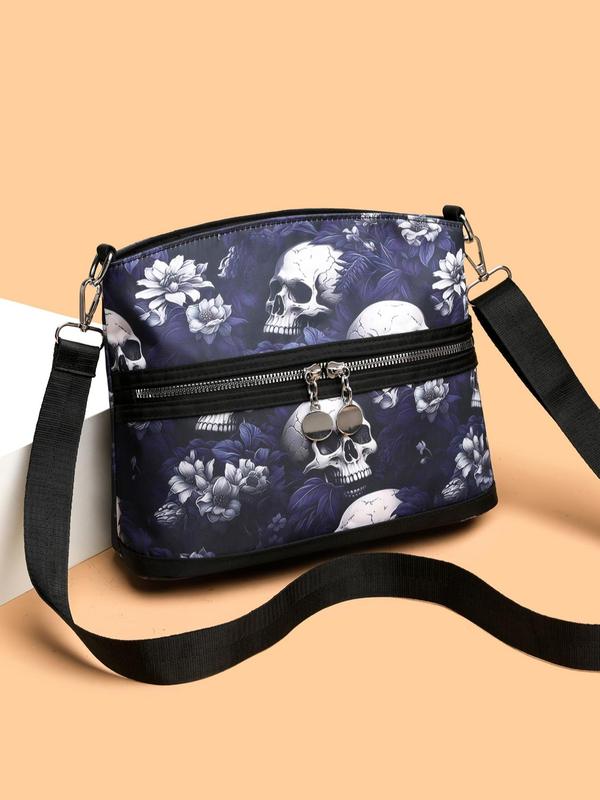 Fashionable Skull & Floral Pattern Zipper Crossbody Bag, Designer Crossbody Bags, Casual Versatile Shoulder Bag for Women, All-match Commuter Bag for Daily Used, Girl Fashionable Shopping Bag