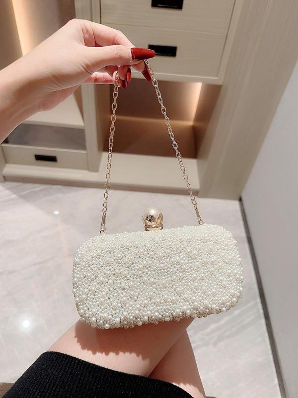 Women's Elegant Faux Pearl Decorated Evening Bag,  Exquisite Chain Strap Shoulder Bag, Trendy Bag for Party Decoration, Engagement