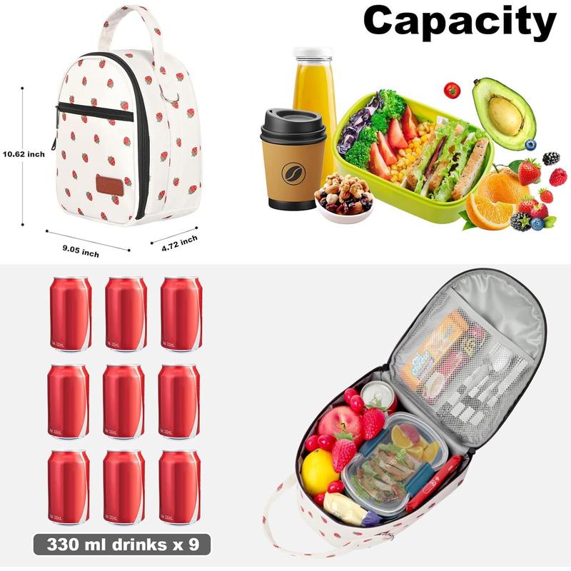 Lunch Box Insulated Lunch Bag Women Men Reusable Cooler Bag Adult Cute Lunch Tote Bags with Front Zipper Pocket, Adjustable Shoulder Strap for Work Office Picnic Travel, Beige-Strawberry