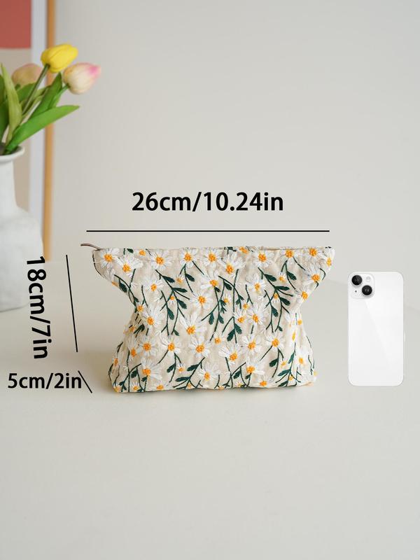 Daisy Embroidery Makeup Bag, Portable Large Capacity Cosmetic Storage Bag, Zipper Makeup Organizer Pouch, Versatile Storage Bag for Travel, Office, Home