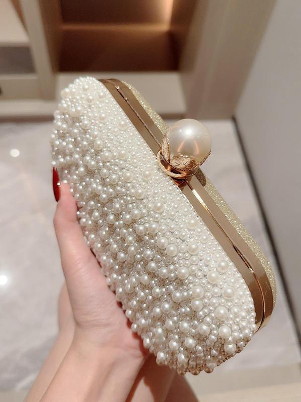 Women's Elegant Faux Pearl Decorated Evening Bag,  Exquisite Chain Strap Shoulder Bag, Trendy Bag for Party Decoration, Engagement