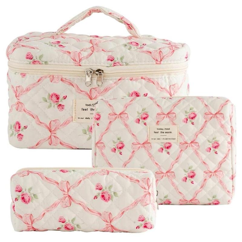 3Pcs Cotton Quited Makeup Bag Set, Quilted Makeup Bag, Large Floral Cosmetic Bag for Women, Cute Cotton Makeup Bags, Flower Travel Toiletry Organizer Bag