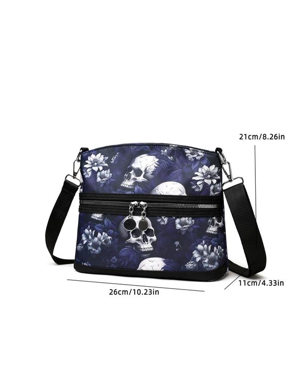 Fashionable Skull & Floral Pattern Zipper Crossbody Bag, Designer Crossbody Bags, Casual Versatile Shoulder Bag for Women, All-match Commuter Bag for Daily Used, Girl Fashionable Shopping Bag