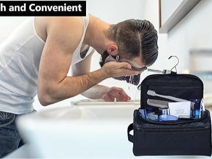 Toiletry Bag for Men Women, Mens Travel Bag Toiletries Organizer Case for Grooming, Travel Essentials Shaving Dopp Kit, PU Leather Water Resistant Cosmetic Pouch, Black