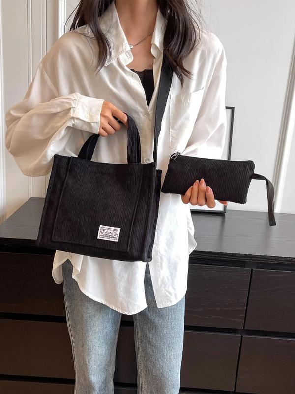 Women's Casual Solid Color Corduroy Tote Bag & Coin Purse, 2024 New Style Fashionable Versatile Shoulder Bag Set, Trendy All-match Bag Set for Daily Use