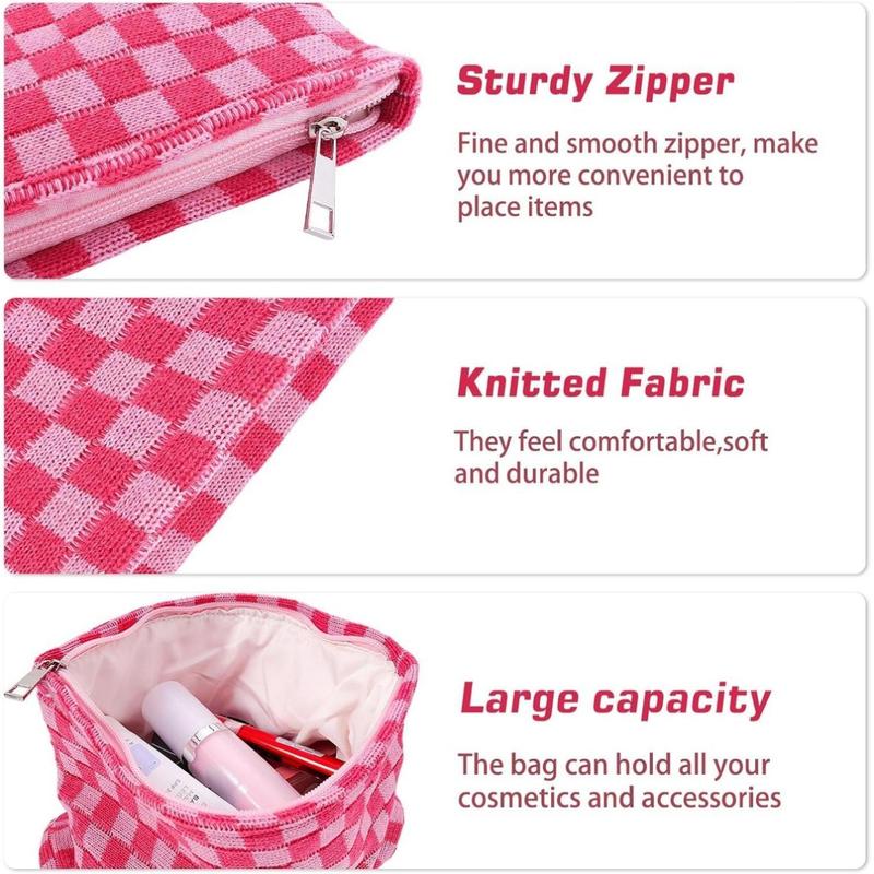 2Pcs Checkered Makeup Bag for Women Large Cosmetic Bag Set Travel Toiletry Bag Makeup Pouch Bag for Purse Pink Zipper Storage Bag Organizer Cute Small Aesthetic Girls Car Essentials Bag(Creative Home)