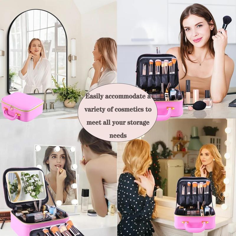 Travel makeup bag with Mirror, LED Light with 3 Adjustable Brightness Levels, Portable  Bag with Adjustable Partitions,  Makeup Brush Storage,  Organizer, Gift for Women.