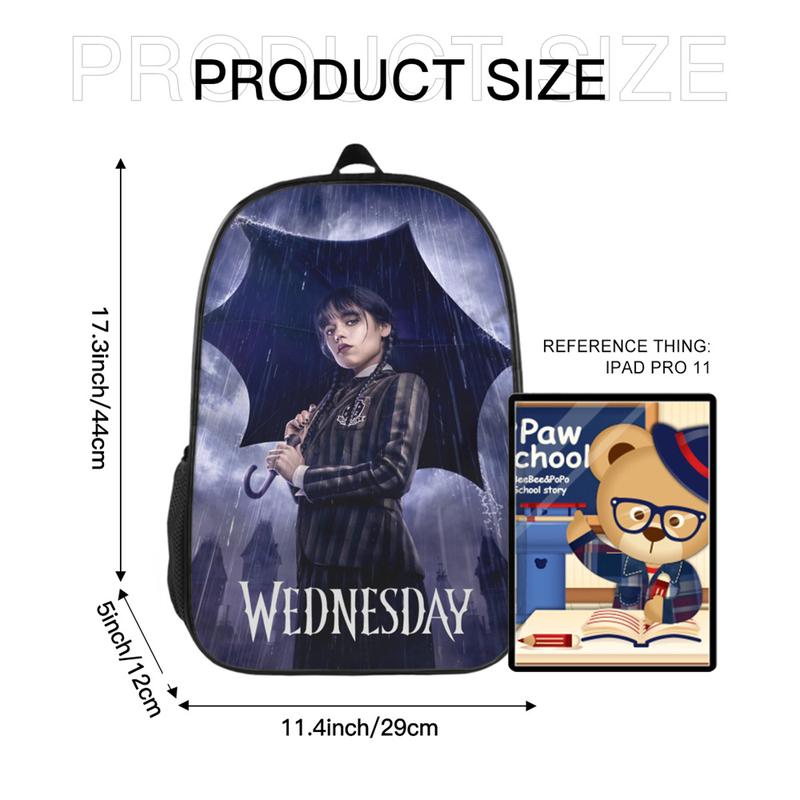 17 Inch Wednesday Addams Backpack 3 Pieces Replaceable Pattern School Bag Large Capacity Sports Travel Bag