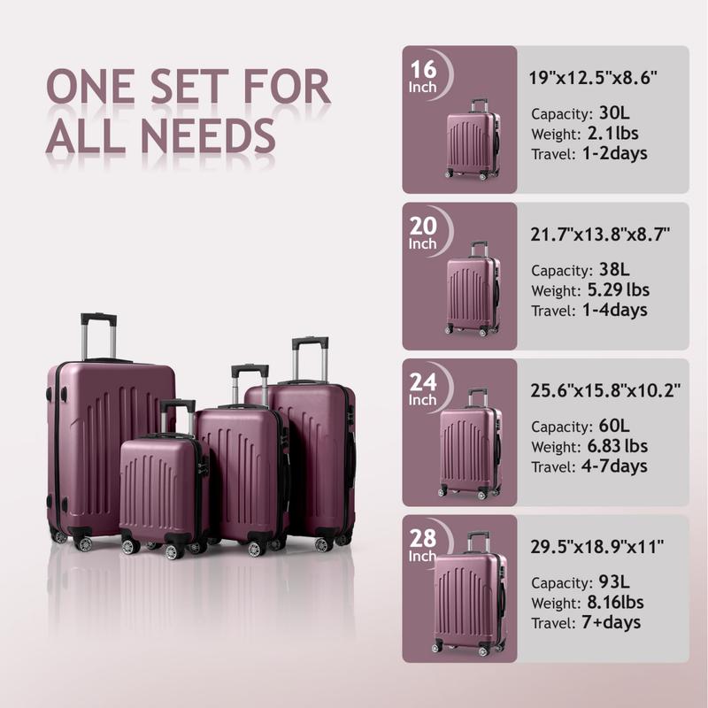 Zimtown 4 Piece Luggage Set, ABS Hard Shell Suitcase Luggage Sets Double Wheels with TSA Lock, Purple Orchid