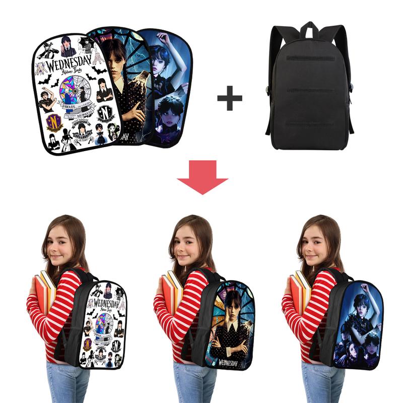 17 Inch Wednesday Addams Backpack 3 Pieces Replaceable Pattern School Bag Large Capacity Sports Travel Bag