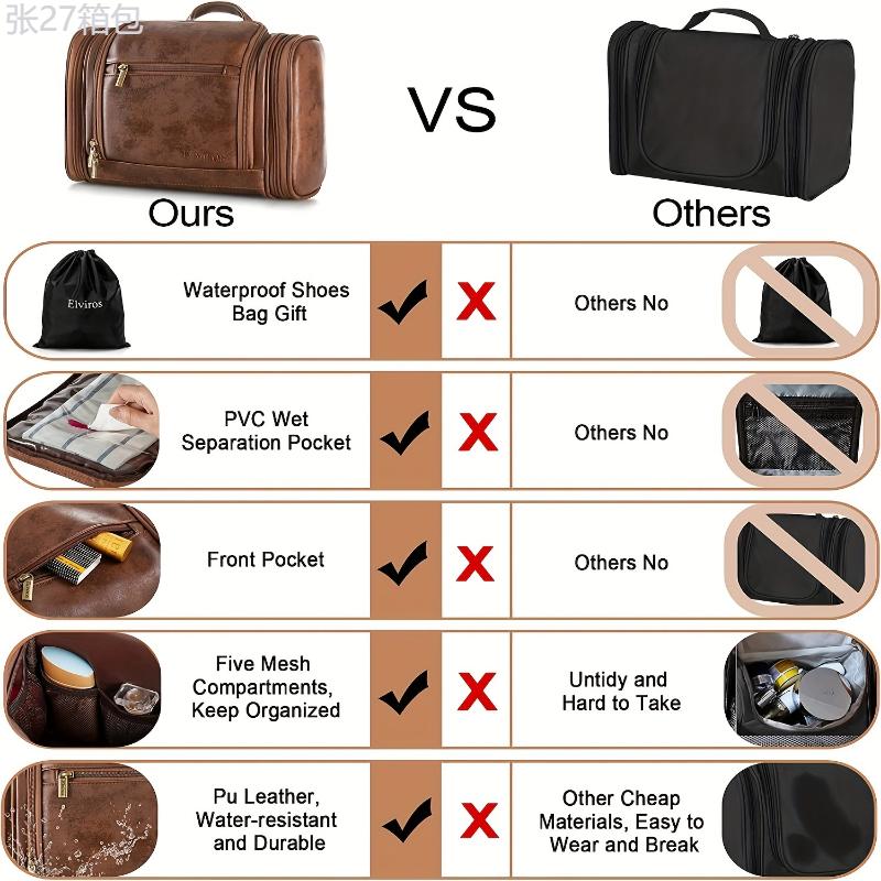 Travel Hanging Toiletry Bag For Women And Men, PU Leather Toiletries Organizer, Water-resistant Bathroom Shaving Kit For Cosmetics, Makeup Case, 1Pc, Medium, Dark Brown