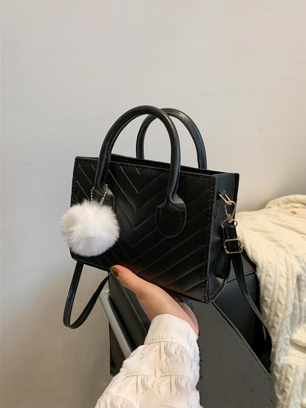 Women's Elegant Minimalist Handbag, Trendy Quilted Handbag with Pom Pom Charm, Chic All-match Handbag for Daily & Work Use