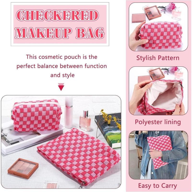 2Pcs Checkered Makeup Bag for Women Large Cosmetic Bag Set Travel Toiletry Bag Makeup Pouch Bag for Purse Pink Zipper Storage Bag Organizer Cute Small Aesthetic Girls Car Essentials Bag(Creative Home)