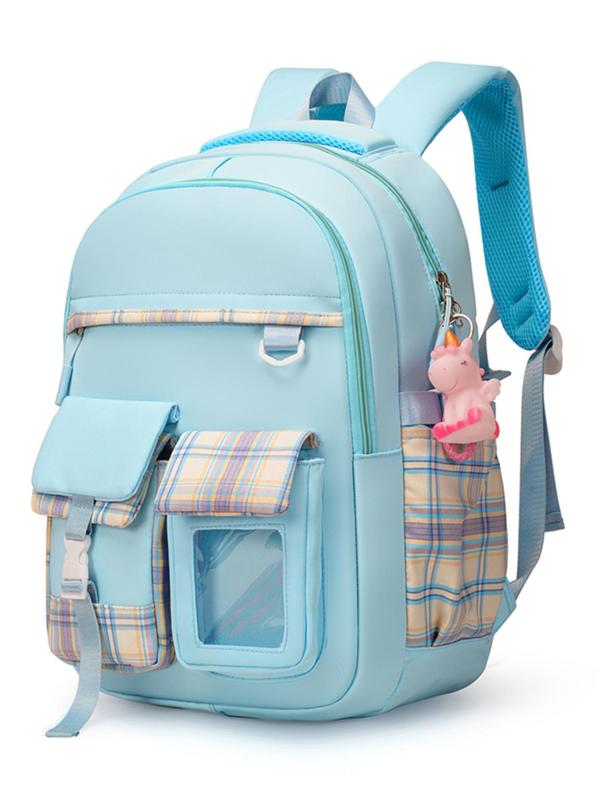 Fashion Plaid Pattern Backpack with Cute Charm, Casual Large Capacity Backpack for Women & Girls, Casual Trendy Versatile High-quality Daily Commuting Bag