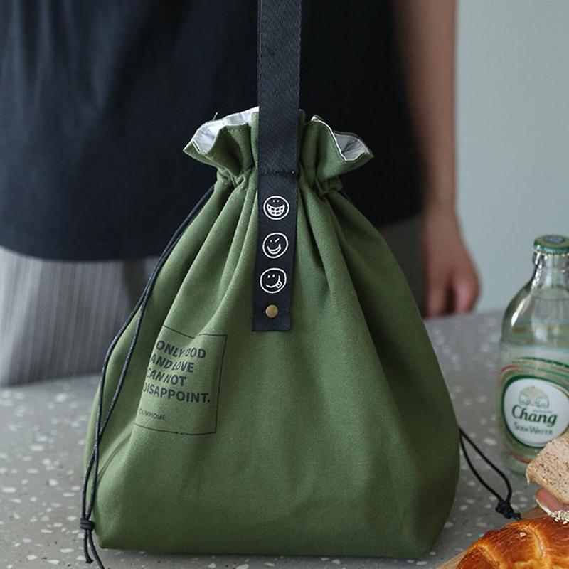 Simple Drawstring Insulated Lunch Bag - Linen & Canvas Industrial Style Picnic Bento Box-Drawstring Material Random