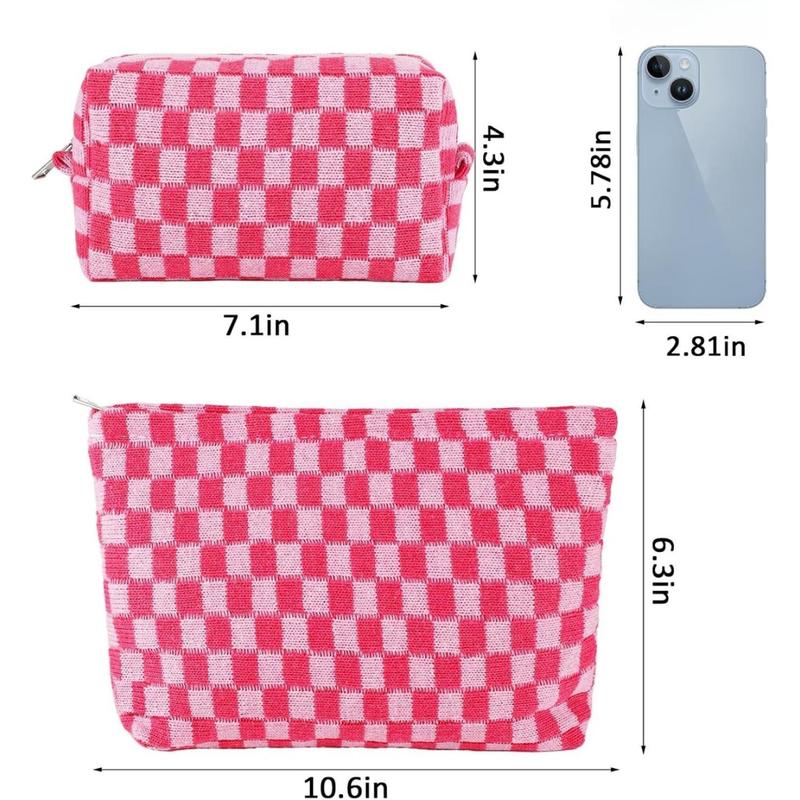 2Pcs Checkered Makeup Bag for Women Large Cosmetic Bag Set Travel Toiletry Bag Makeup Pouch Bag for Purse Pink Zipper Storage Bag Organizer Cute Small Aesthetic Girls Car Essentials Bag(Creative Home)