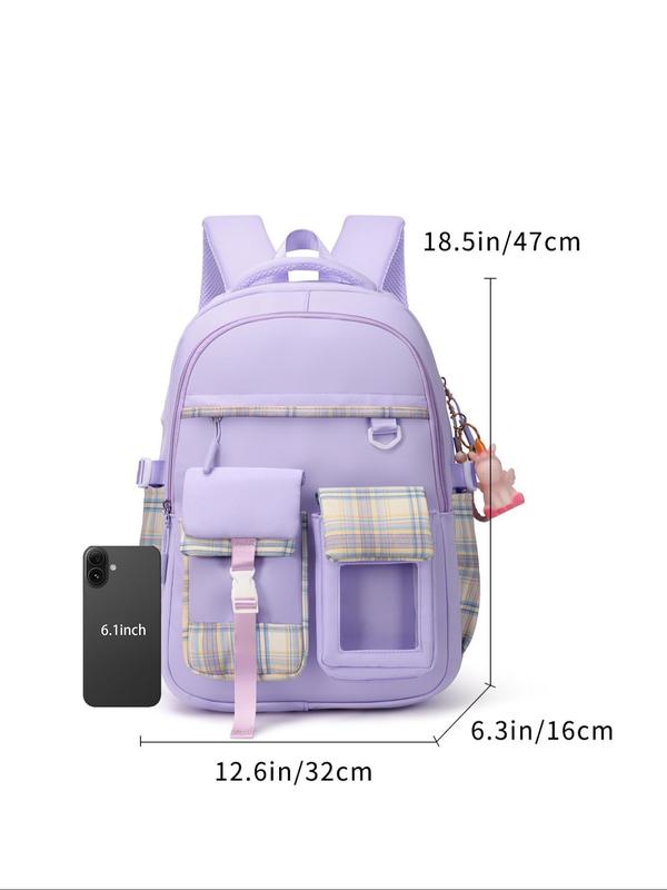 Fashion Plaid Pattern Backpack with Cute Charm, Casual Large Capacity Backpack for Women & Girls, Casual Trendy Versatile High-quality Daily Commuting Bag