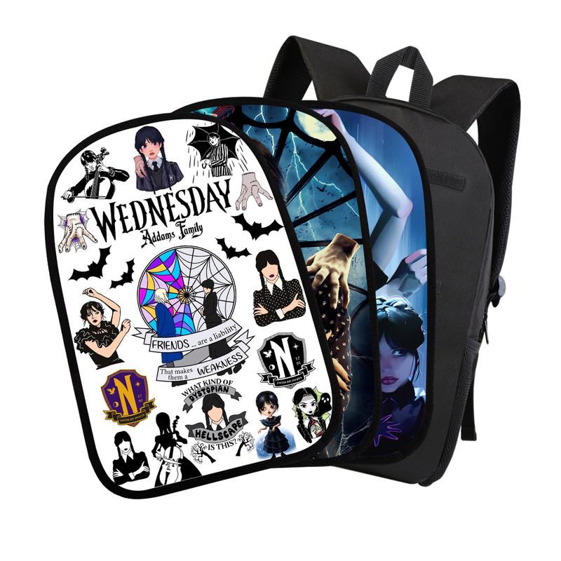 17 Inch Wednesday Addams Backpack 3 Pieces Replaceable Pattern School Bag Large Capacity Sports Travel Bag