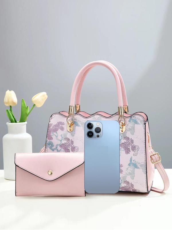 Fashion Floral Pattern Pu Leather Bag Set, Including Handbag & Wallet, Casual Trendy Versatile High-quality Daily Commuting Bag Set, Girl Fashionable Shopping Bag