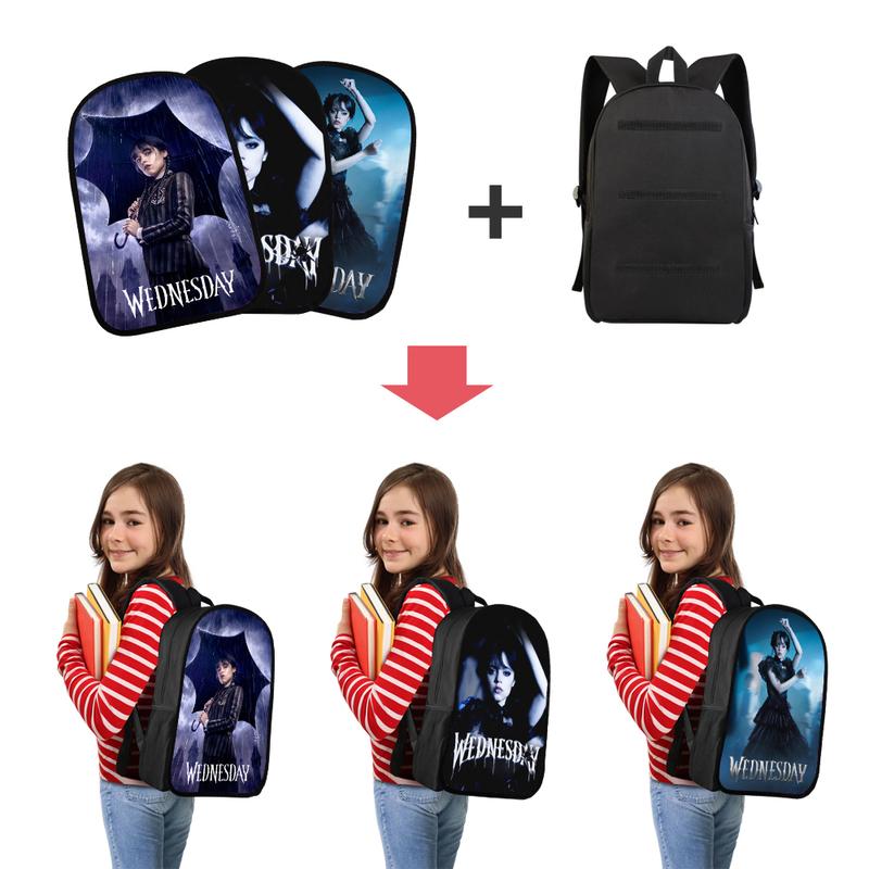 17 Inch Wednesday Addams Backpack 3 Pieces Replaceable Pattern School Bag Large Capacity Sports Travel Bag