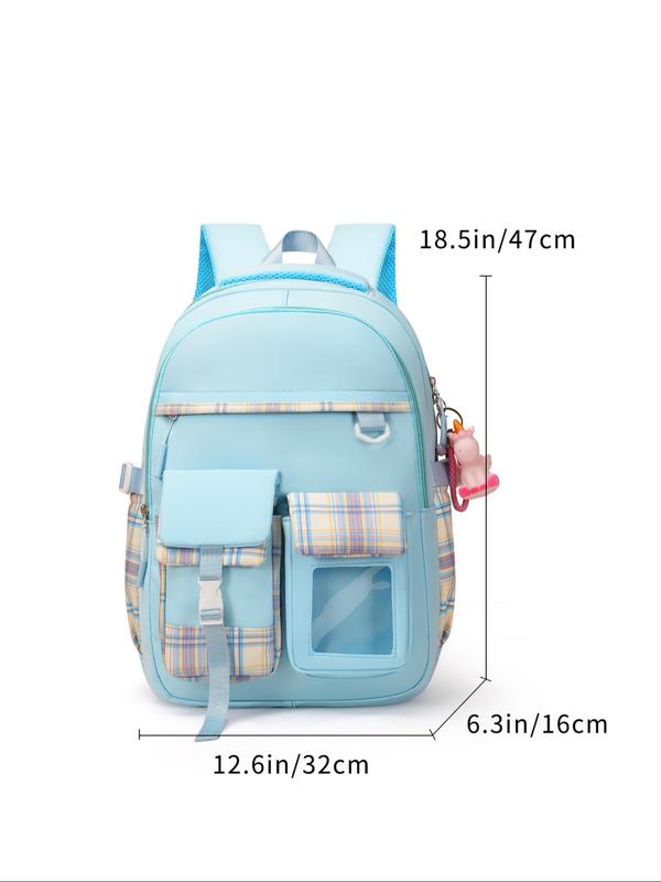 Fashion Plaid Pattern Backpack with Cute Charm, Casual Large Capacity Backpack for Women & Girls, Casual Trendy Versatile High-quality Daily Commuting Bag