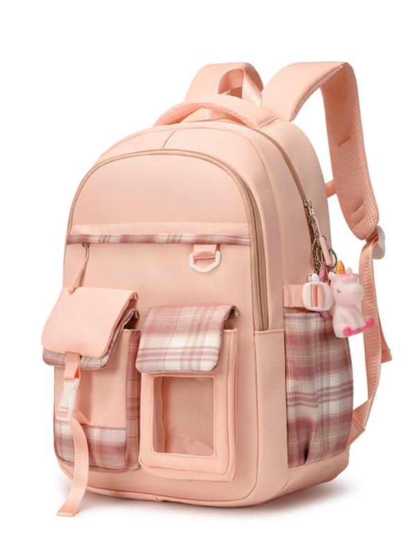 Fashion Plaid Pattern Backpack with Cute Charm, Casual Large Capacity Backpack for Women & Girls, Casual Trendy Versatile High-quality Daily Commuting Bag