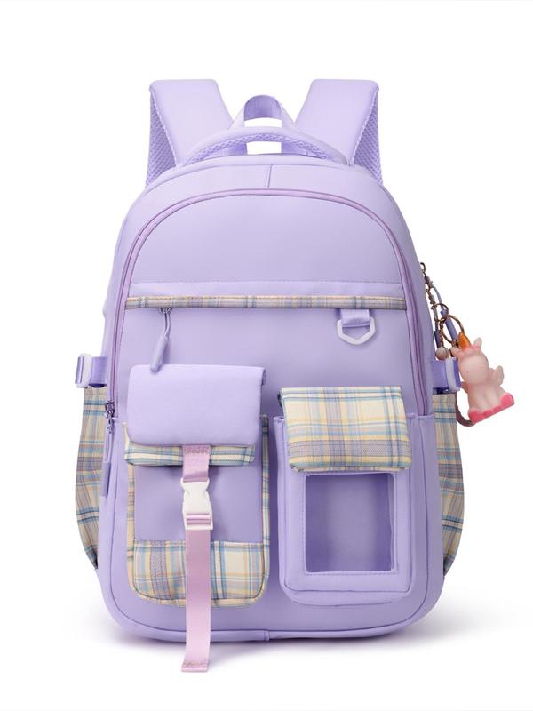 Fashion Plaid Pattern Backpack with Cute Charm, Casual Large Capacity Backpack for Women & Girls, Casual Trendy Versatile High-quality Daily Commuting Bag