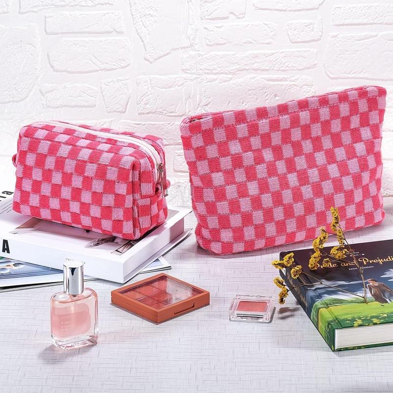 2Pcs Checkered Makeup Bag for Women Large Cosmetic Bag Set Travel Toiletry Bag Makeup Pouch Bag for Purse Pink Zipper Storage Bag Organizer Cute Small Aesthetic Girls Car Essentials Bag(Creative Home)