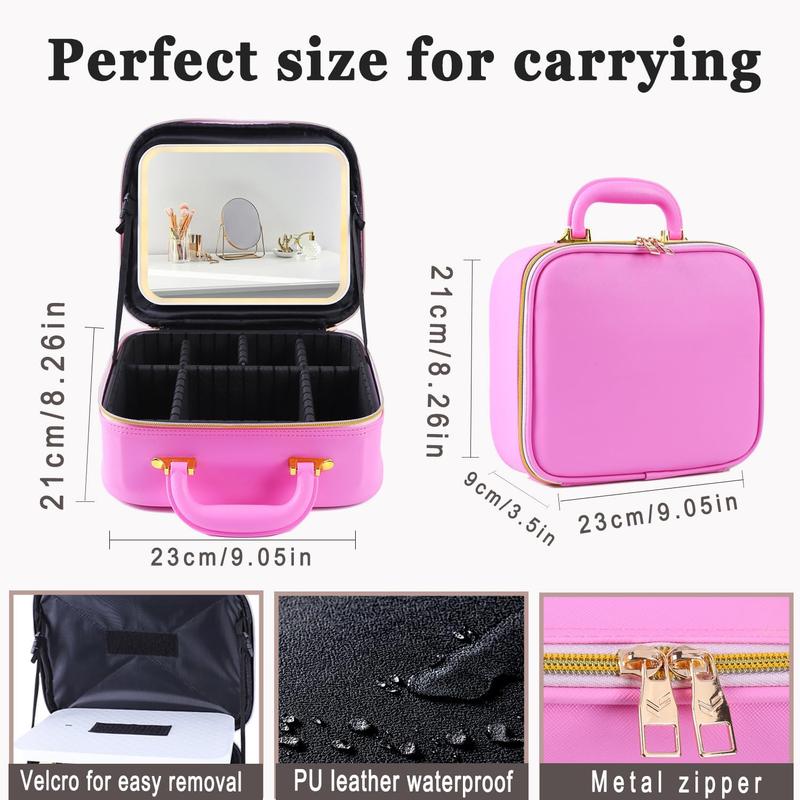 Travel makeup bag with Mirror, LED Light with 3 Adjustable Brightness Levels, Portable  Bag with Adjustable Partitions,  Makeup Brush Storage,  Organizer, Gift for Women.