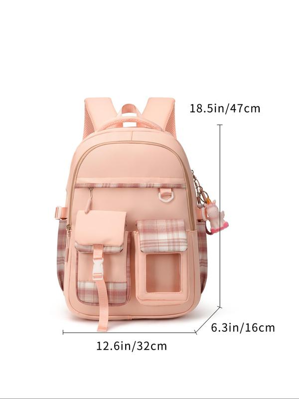 Fashion Plaid Pattern Backpack with Cute Charm, Casual Large Capacity Backpack for Women & Girls, Casual Trendy Versatile High-quality Daily Commuting Bag