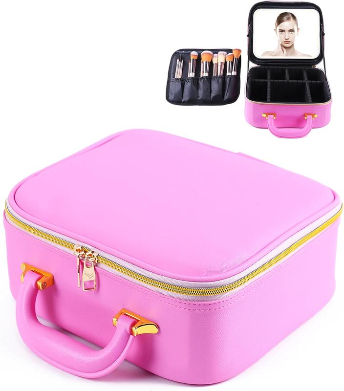 Travel makeup bag with Mirror, LED Light with 3 Adjustable Brightness Levels, Portable  Bag with Adjustable Partitions,  Makeup Brush Storage,  Organizer, Gift for Women.