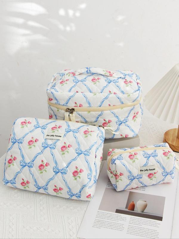 Bow & Floral Pattern Quilted Makeup Bag, 1 Count Cosmetic Storage Bag for Women, Toiletry Bag, Travel Organizer Bag for Skincare, Travel Essentials