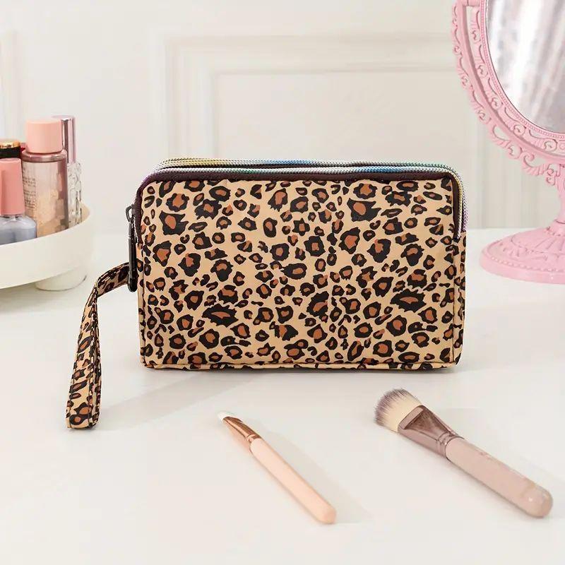 Leopard Pattern 3 Layer Cosmetic Storage Bag, Space Saving Large Capacity Zipper Makeup Container, Versatile Travel Toiletry Organizer Pouch, Christmas Gift