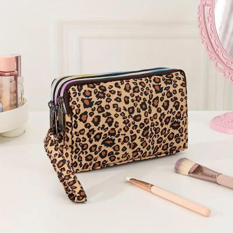 Leopard Pattern 3 Layer Cosmetic Storage Bag, Space Saving Large Capacity Zipper Makeup Container, Versatile Travel Toiletry Organizer Pouch, Christmas Gift