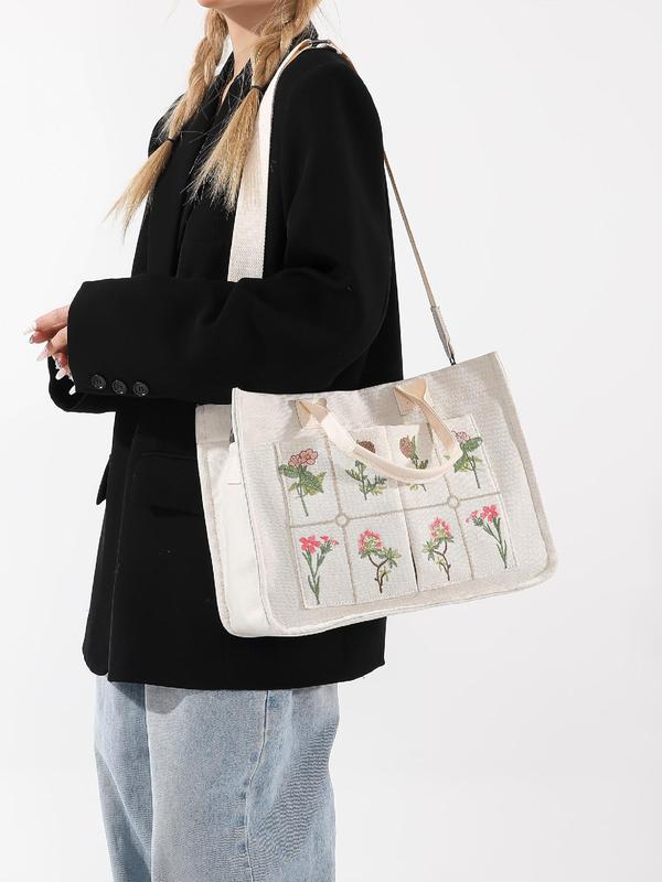 Floral Embroidered Tote Work Bag for Summer, Luxury Large Tote Bag, Multi-pocket Shoulder Bag for Students, Preppy Designer Crossbody Bag with Adjustable Strap, Fall Outfits, Fall Freshness