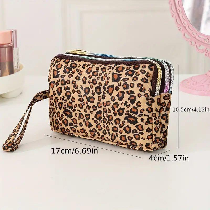 Leopard Pattern 3 Layer Cosmetic Storage Bag, Space Saving Large Capacity Zipper Makeup Container, Versatile Travel Toiletry Organizer Pouch, Christmas Gift