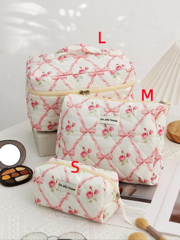 Bow & Floral Pattern Quilted Makeup Bag, 1 Count Cosmetic Storage Bag for Women, Toiletry Bag, Travel Organizer Bag for Skincare, Travel Essentials