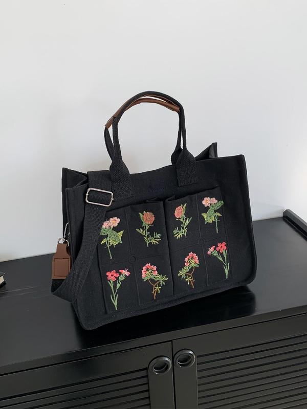 Floral Embroidered Tote Work Bag for Summer, Luxury Large Tote Bag, Multi-pocket Shoulder Bag for Students, Preppy Designer Crossbody Bag with Adjustable Strap, Fall Outfits, Fall Freshness