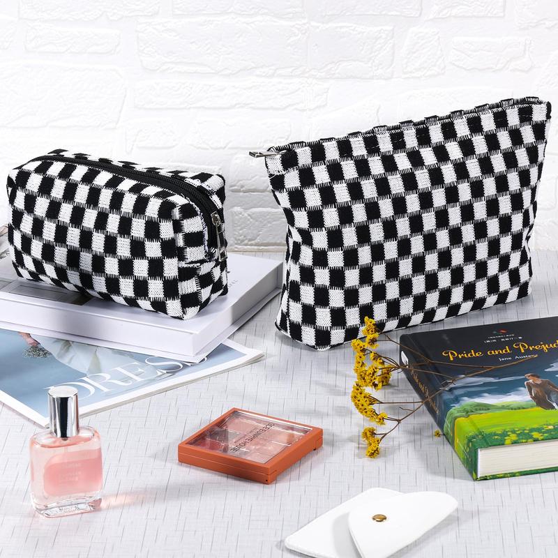 Portable Colorblock Plaid Pattern Cosmetic Bag, 2 Counts set Mixed Size Large Capacity Toiletry Bag, Zipper Makeup Organizer Pouch