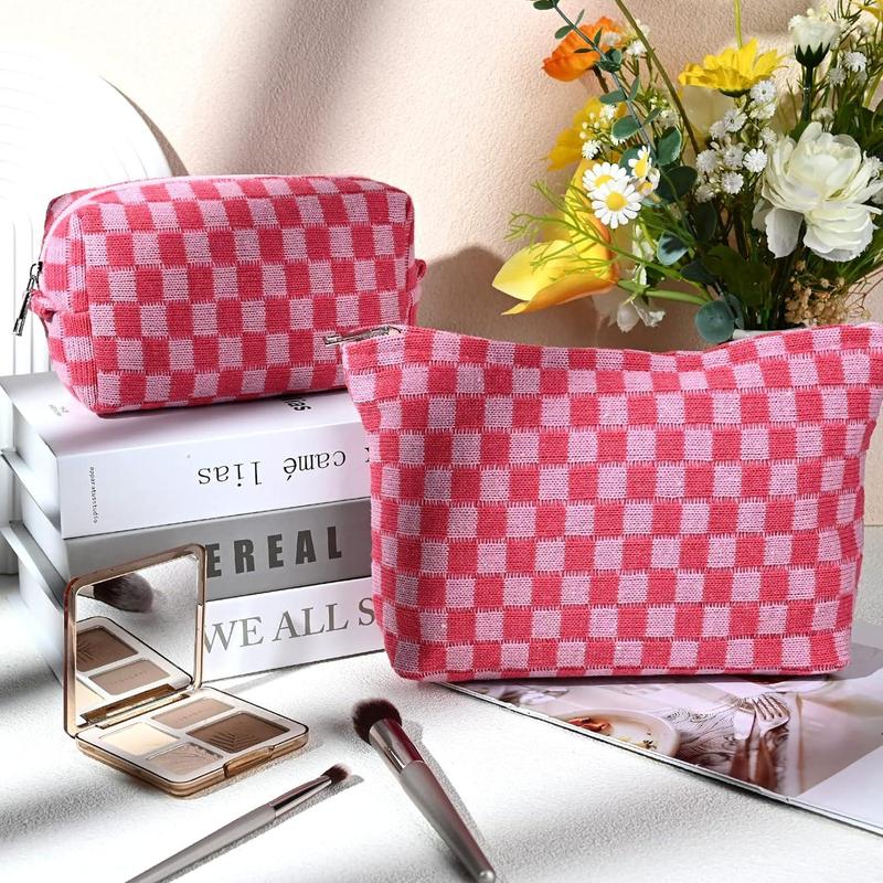 Portable Colorblock Plaid Pattern Cosmetic Bag, 2 Counts set Mixed Size Large Capacity Toiletry Bag, Zipper Makeup Organizer Pouch