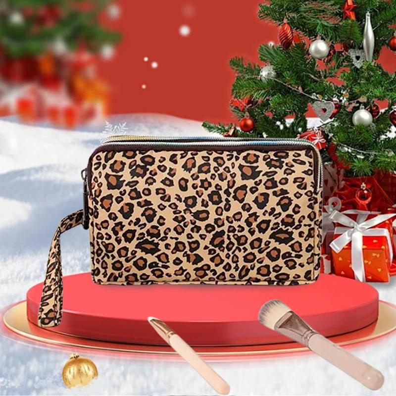 Leopard Pattern 3 Layer Cosmetic Storage Bag, Space Saving Large Capacity Zipper Makeup Container, Versatile Travel Toiletry Organizer Pouch, Christmas Gift