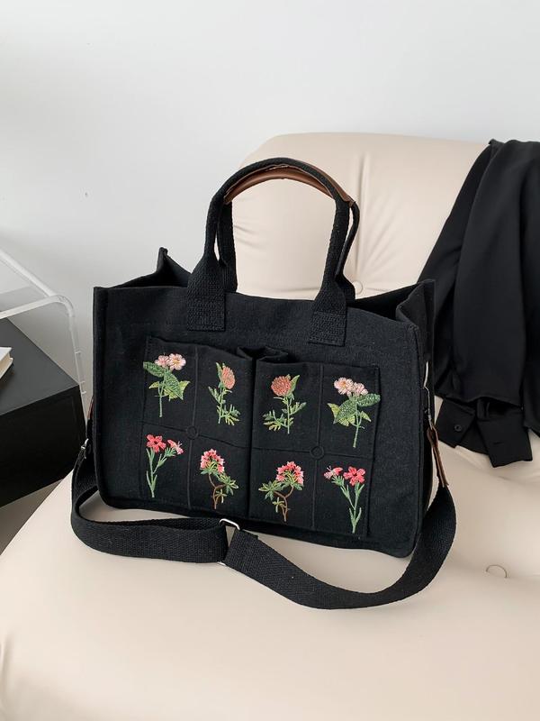 Floral Embroidered Tote Work Bag for Summer, Luxury Large Tote Bag, Multi-pocket Shoulder Bag for Students, Preppy Designer Crossbody Bag with Adjustable Strap, Fall Outfits, Fall Freshness