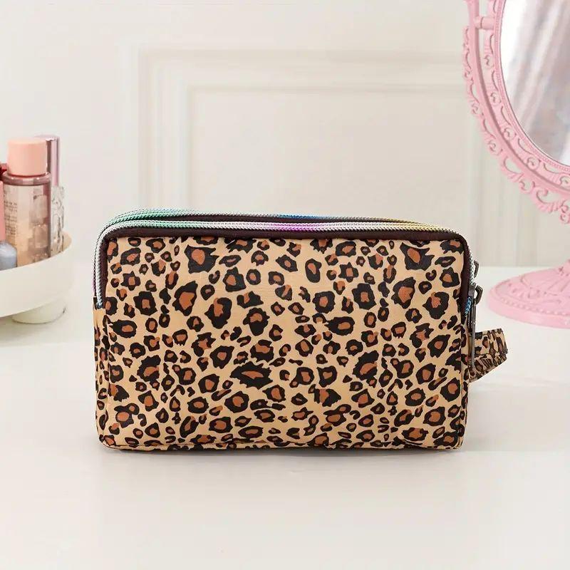 Leopard Pattern 3 Layer Cosmetic Storage Bag, Space Saving Large Capacity Zipper Makeup Container, Versatile Travel Toiletry Organizer Pouch, Christmas Gift