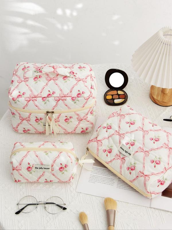 Bow & Floral Pattern Quilted Makeup Bag, 1 Count Cosmetic Storage Bag for Women, Toiletry Bag, Travel Organizer Bag for Skincare, Travel Essentials