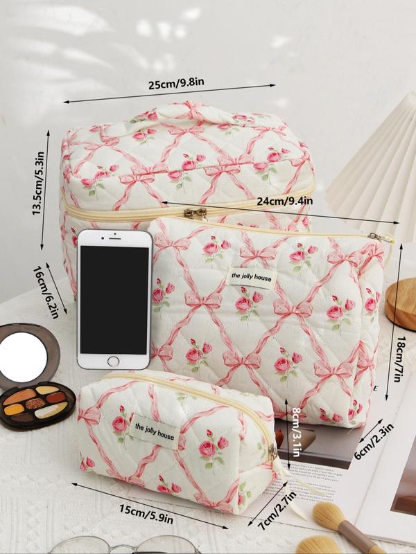 Bow & Floral Pattern Quilted Makeup Bag, 1 Count Cosmetic Storage Bag for Women, Toiletry Bag, Travel Organizer Bag for Skincare, Travel Essentials