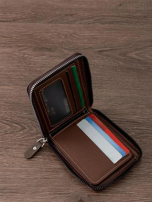 Men's Colorblock Zipper Short Wallet, Casual Business Multi Card Slots Wallet